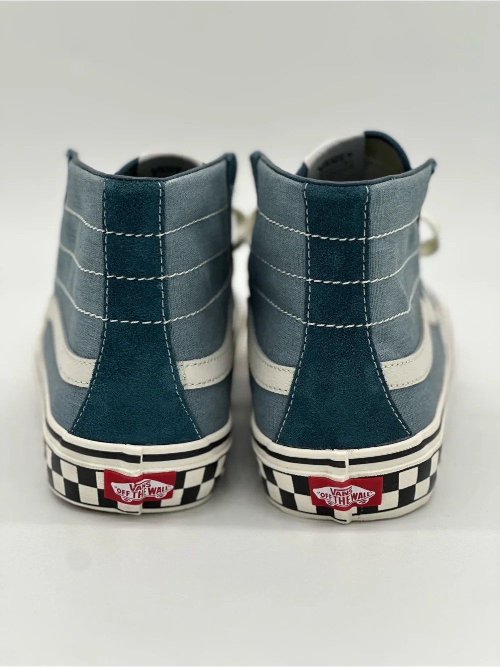 Vans Mid-Top Sneakers in Teal and White with Checkerboard Sole